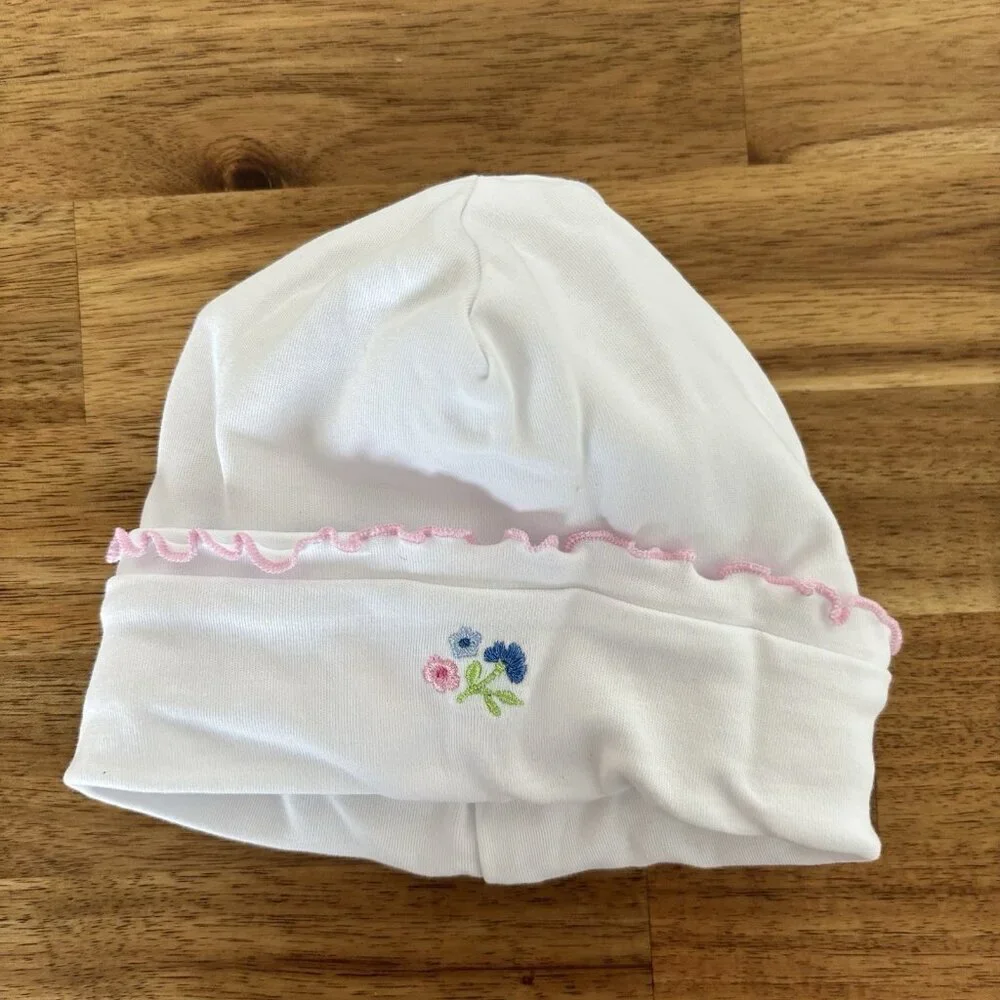 Kissy Kissy Baby White Pima Cotton Hat Pink Flower Embroidery Size Small Classic